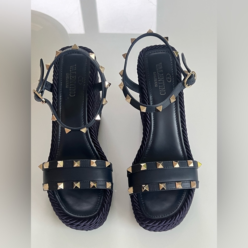 Valentino Women's Navy Sandals with Gold Studs